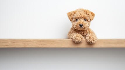 A cute puppy perched on a wooden shelf, exuding charm and playfulness against a simple, light background.
