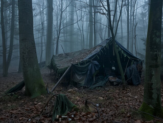A makeshift tent stands in a foggy forest, offering a glimpse of the harsh realities of life in the wilderness