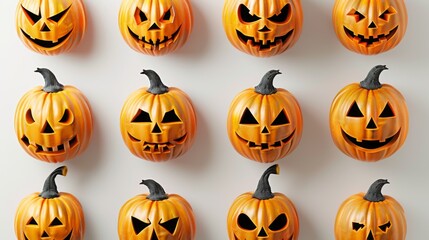 A collection of twelve intricately carved pumpkins featuring a variety of spooky jack-o'-lantern faces, perfect for Halloween decoration and festive ambiance.
