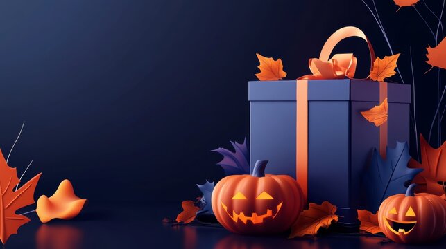 A Halloween-themed gift box adorned with orange ribbon, surrounded by carved pumpkins and autumn leaves, set against a dark background for a festive mood.