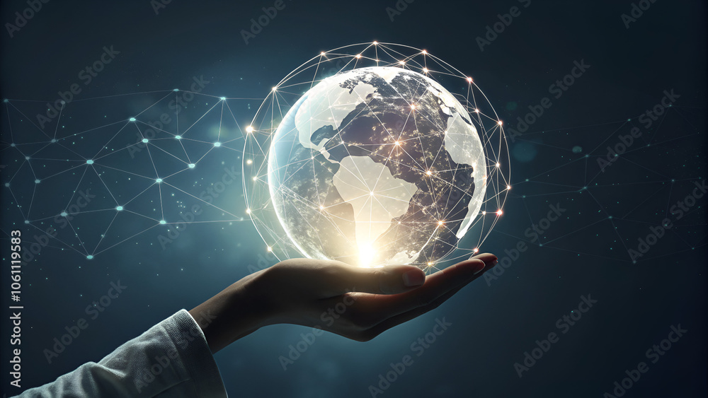 Wall mural hand holding a glowing earth surrounded by a network of connections, emphasizing the interconnectedn