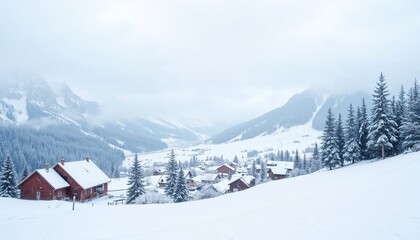Serene snowy village landscape with gentle blue hues and tranquil atmosphere in the mountains