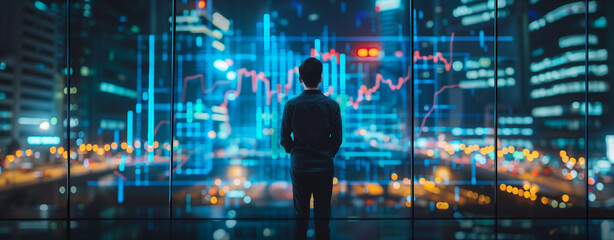 A man stands in front of a window, looking out at a city skyline illuminated with lights and financial data