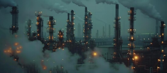 Dramatic moody futuristic industrial cityscape with billowing smoke towering architectural structures and a glowing urban skyline at dusk  Portrays a dystopian
