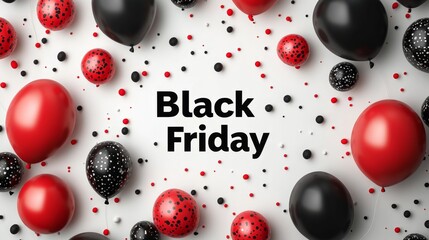 A festive arrangement of black and red balloons, adorned with polka dots, surrounding the bold text 'Black Friday' set against a white background, signifying shopping excitement.