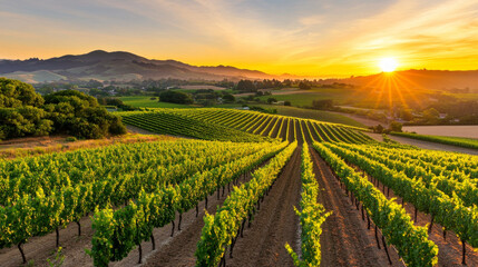stunning vineyard landscape at sunset, featuring rows of lush grapevines, rolling hills, and vibrant sky. warm light creates serene atmosphere, perfect for relaxation