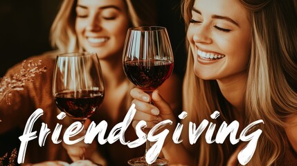 Two women joyfully clinking wine glasses, celebrating Friendsgiving, symbolizing warmth, friendship, and togetherness during a festive occasion.