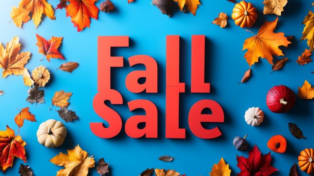 A vibrant Fall Sale image featuring brightly colored autumn leaves, pumpkins, and acorns scattered around a bold red 'Fall Sale' text on a blue background.