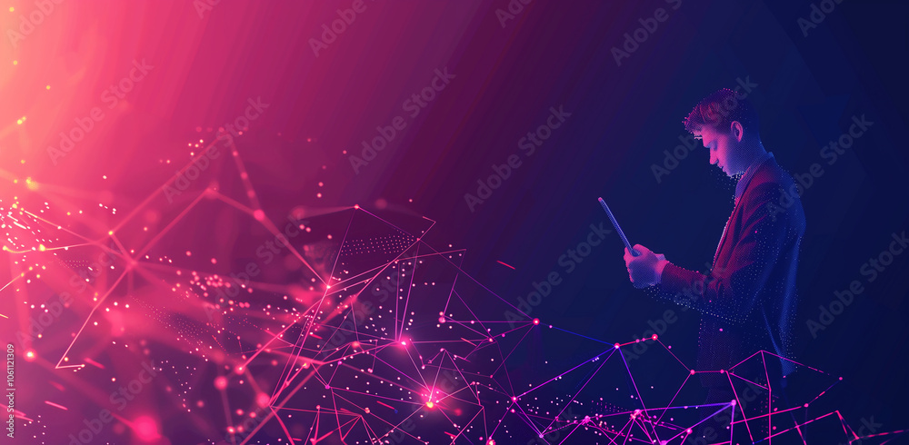 Poster a man uses a tablet in front of a glowing, abstract background