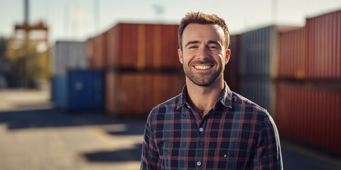 Cheerful Young Man Smiling in Front of Shipping Containers at a Port