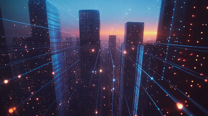 Obraz premium Smart digital city with connection cyber security network reciprocity over the cityscape . future smart wireless digital city and social media networking systems that connects people within the city
