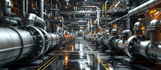 Intricate network of pipes tubes and complex industrial machinery in a large modern manufacturing facility or energy plant