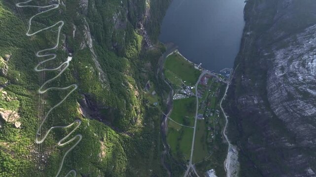 Lysefjord, Norway, the most Picturesque Fjord. Aerial Drone Shot showcasing towering cliffs and serene waters. Lysebotn.