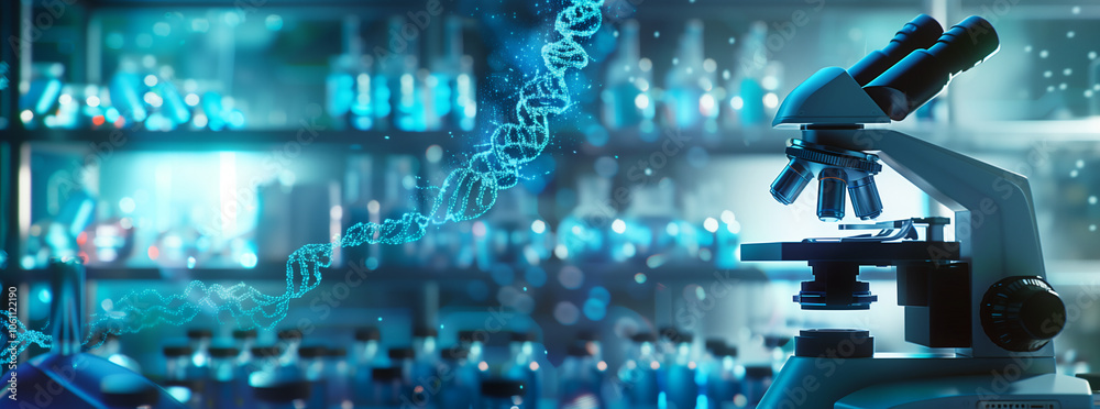 Poster A microscope sits in a lab with a DNA strand in the background