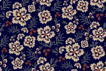 Fototapeta premium Bohemian Pattern Floral design style seamless hand drawn vintage flowers motif wallpaper orange dark blue colourful background border vector illustration. 