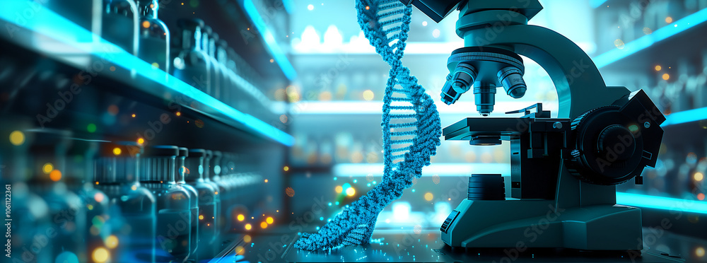 Poster a blue dna strand stands next to a microscope in a laboratory setting