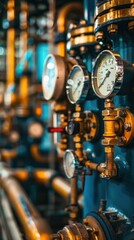 Vintage industrial valve control panel with an array of pressure gauges dials and sensors for monitoring and controlling the flow of gas or oil through a pipeline system