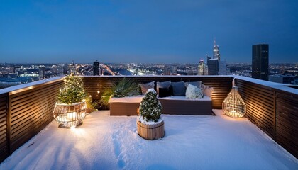 Fototapeta premium 雪で覆われた都市の屋上、モダンなクリスマスディスプレイが施されたスペースから見る夜景の輝き