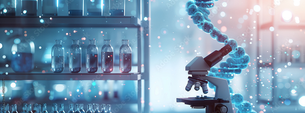Poster a microscope sits in a laboratory, with a dna strand beside it