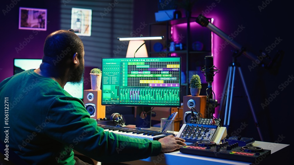 Poster Audio composer playing piano electronic keyboard to create a new track, adjusting volume levels on old recordings. Music producer recording sounds, plays tunes on midi controller. Camera B.