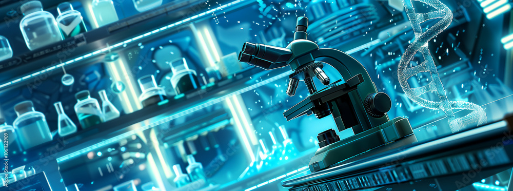 Poster A microscope sits in a laboratory with vials and a DNA strand in the background