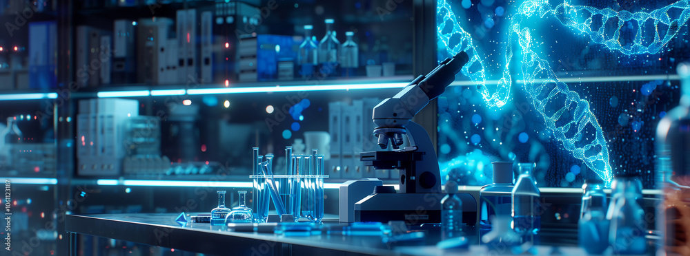 Poster A microscope sits on a laboratory table with test tubes and a glowing blue DNA helix in the background