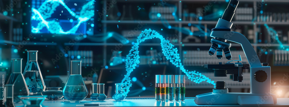 Poster A microscope and beakers sit on a lab table with a glowing strand of DNA hovering above them