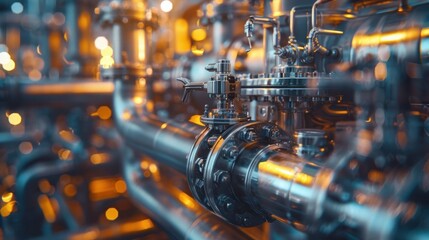 Fototapeta premium Detailed view of complex industrial machinery and engineering equipment in a metalworks factory or production facility Pipes valves gauges