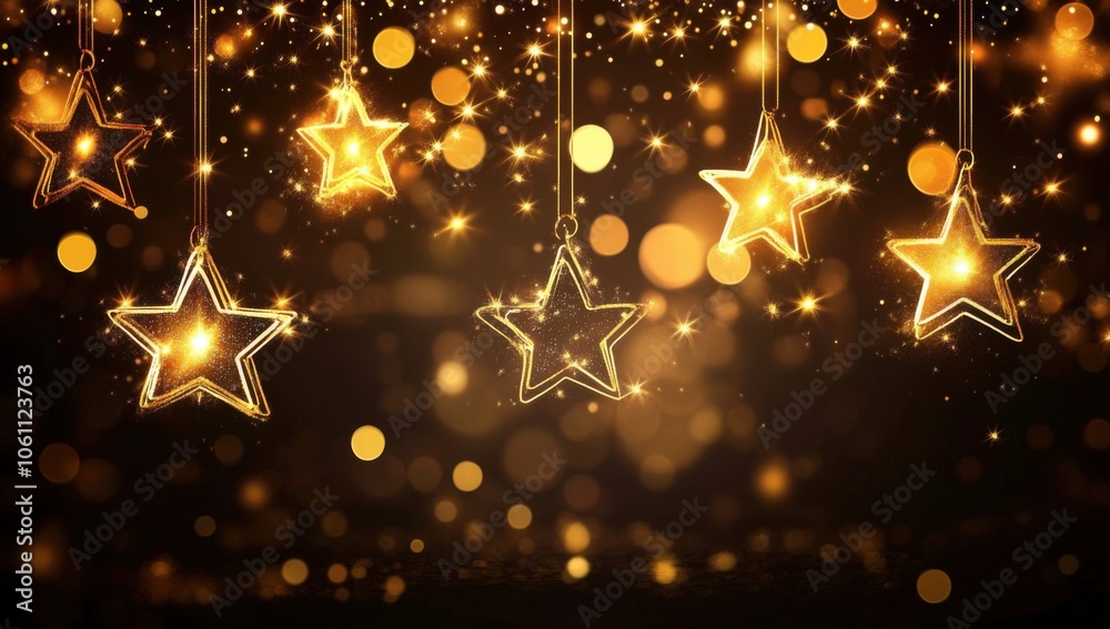 Aufkleber golden stars hanging on a black background with golden bokeh lights. this is a christmas or new year