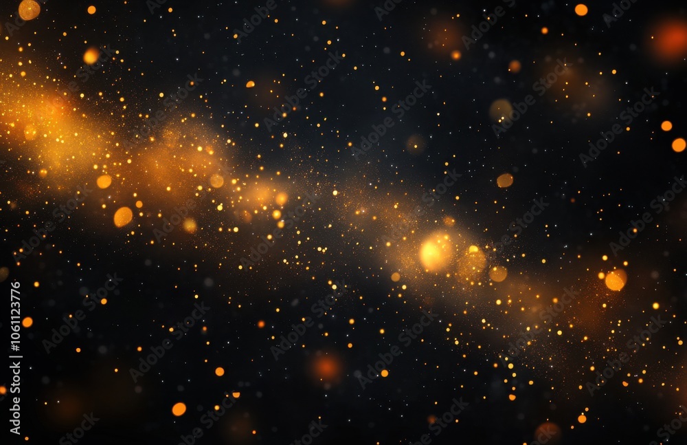 Poster A backdrop of gold, glowing particles and bokeh lights on a black background, creating a charming atmosphere for design projects. The composition includes diffused light spots with enough copy space