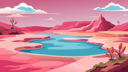 A tranquil river winds through vibrant pink canyons under a soft cloud-dotted sky during the golden hour of sunset