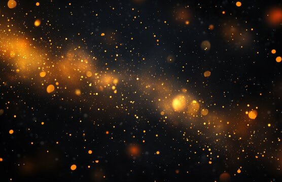 A backdrop of gold, glowing particles and bokeh lights on a black background, creating a charming atmosphere for design projects. The composition includes diffused light spots with enough copy space
