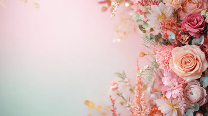 beautiful floral arrangement featuring pink and peach roses, daisies, and greenery, perfect for nature themed events or backgrounds