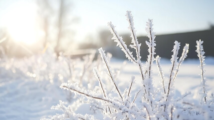 Obraz premium Frost-covered branches sparkle in the winter sunlight