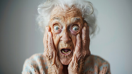 Elderly woman with a shocked expression, wide eyes, and hands on her cheeks. The close-up portrait captures detailed wrinkles and intense emotion, conveying surprise and life experience