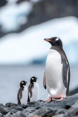 Obraz premium vertical image of Mother penguin with two chicks standing on rocky shore in Antarctica