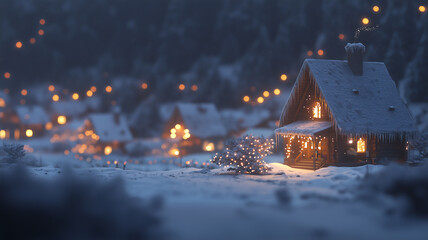 Fototapeta premium A cozy snow-covered village with warm lights glowing in the windows, creating a magical winter wonderland
