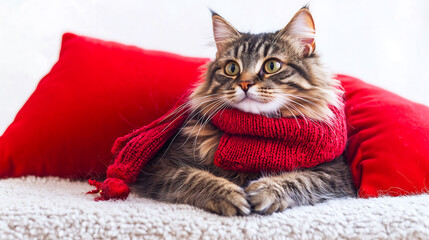 A fluffy cat wearing a red scarf on a red pillow