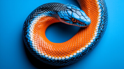 Fototapeta premium Close-up of colorful blue and orange snake on a vibrant blue backdrop
