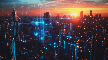 Smart digital city with connection cyber security network reciprocity over the cityscape . future smart wireless digital city and social media networking systems that connects people within the city