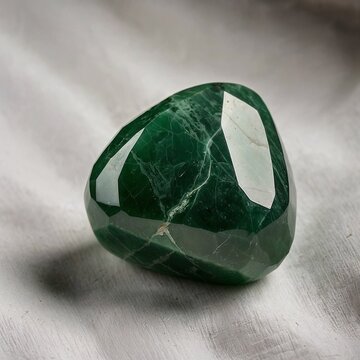 Elegant green jade gemstone with polished facets on a soft textured background