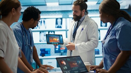 Healthcare professionals attending a strategy meeting in a medical center, focusing on treatment plans for disease prevention. General practitioner exploring healthcare initiatives. Camera B.