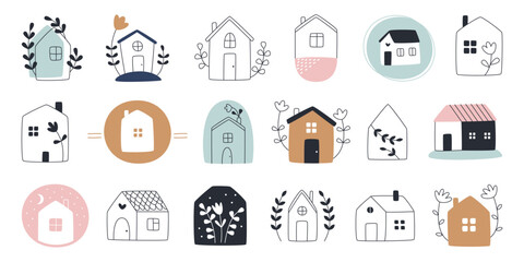 Hand drawn doodle cute village houses exterior logo isolated residential property symbol set