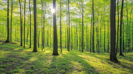 Obraz premium Sunlight streams through the canopy of a lush green forest.