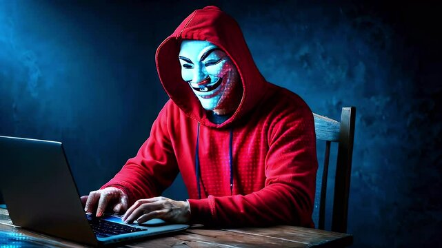 Hacker in red hoodie and mask, sitting at a desk, typing on a laptop, with a dark blue background.