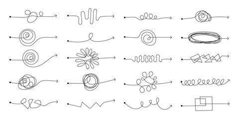 Chaotic line arrows with chaos knot, problematic mindset, ways mess scribble doodle elements set