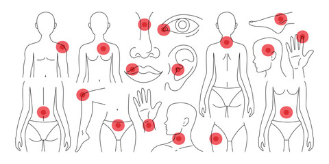 Red pints of indication of different pain location and inflammation process in human body set