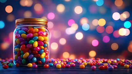 Colorful candy jar filled with jelly beans, vibrant bokeh background.