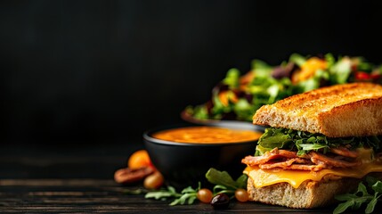 Delicious sandwich with cheese and greens, accompanied by a bowl of soup and salad.