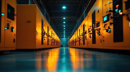 Industrial power systems with orange cabinets and glowing lights in a modern facility.